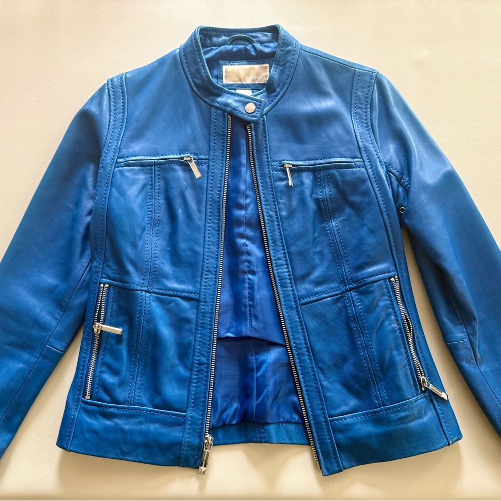 Michael Kors Vibrant Blue Leather Jacket